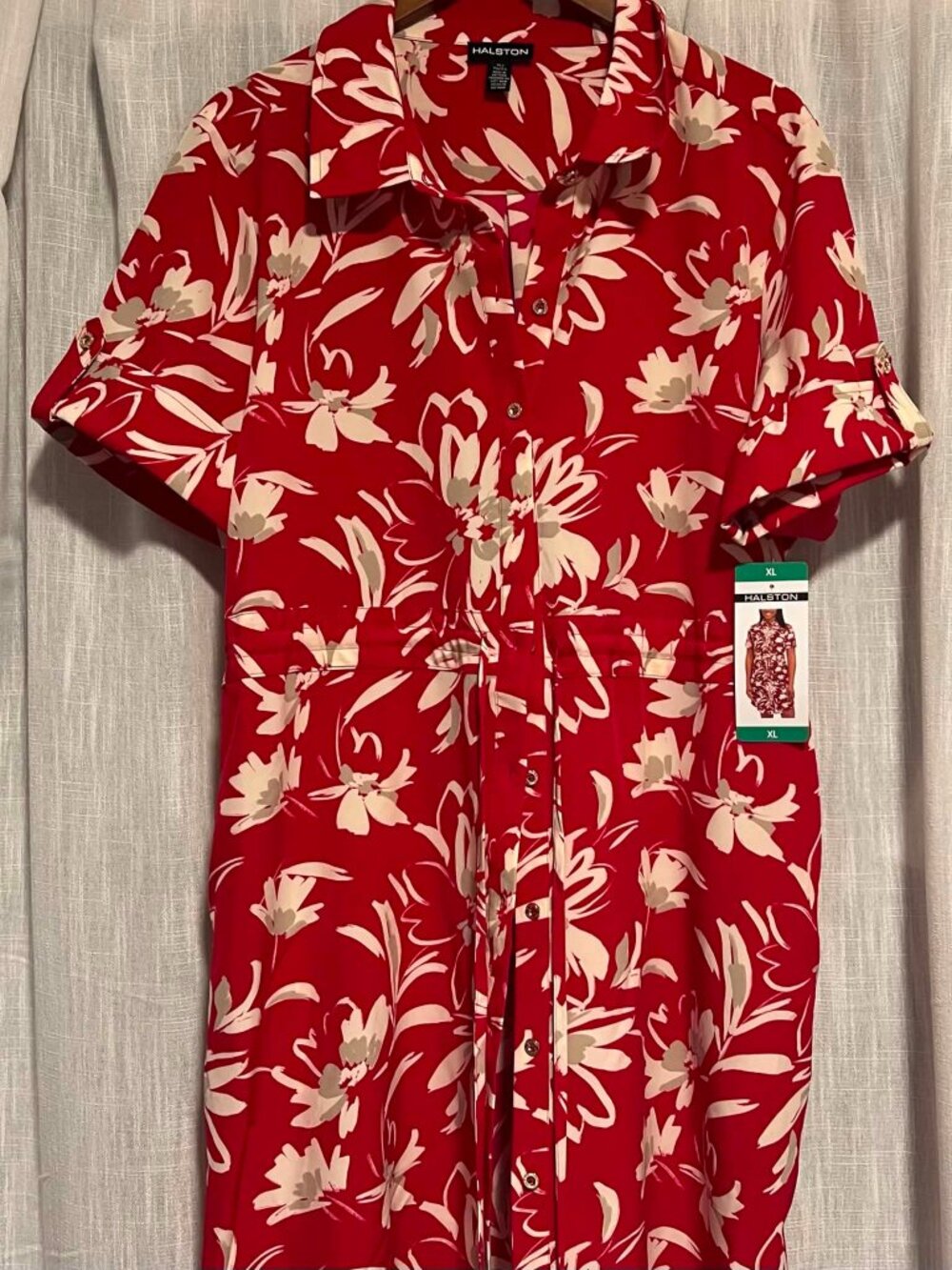 Halston Tropical Floral Shirt Dress Red/Tan Size XL